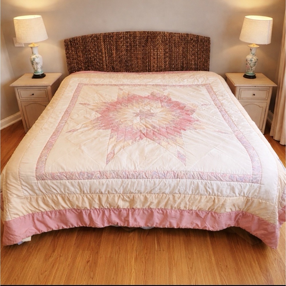 Handmade Vintage Pink White Star‎ Quilt Blanket Thick 110x96